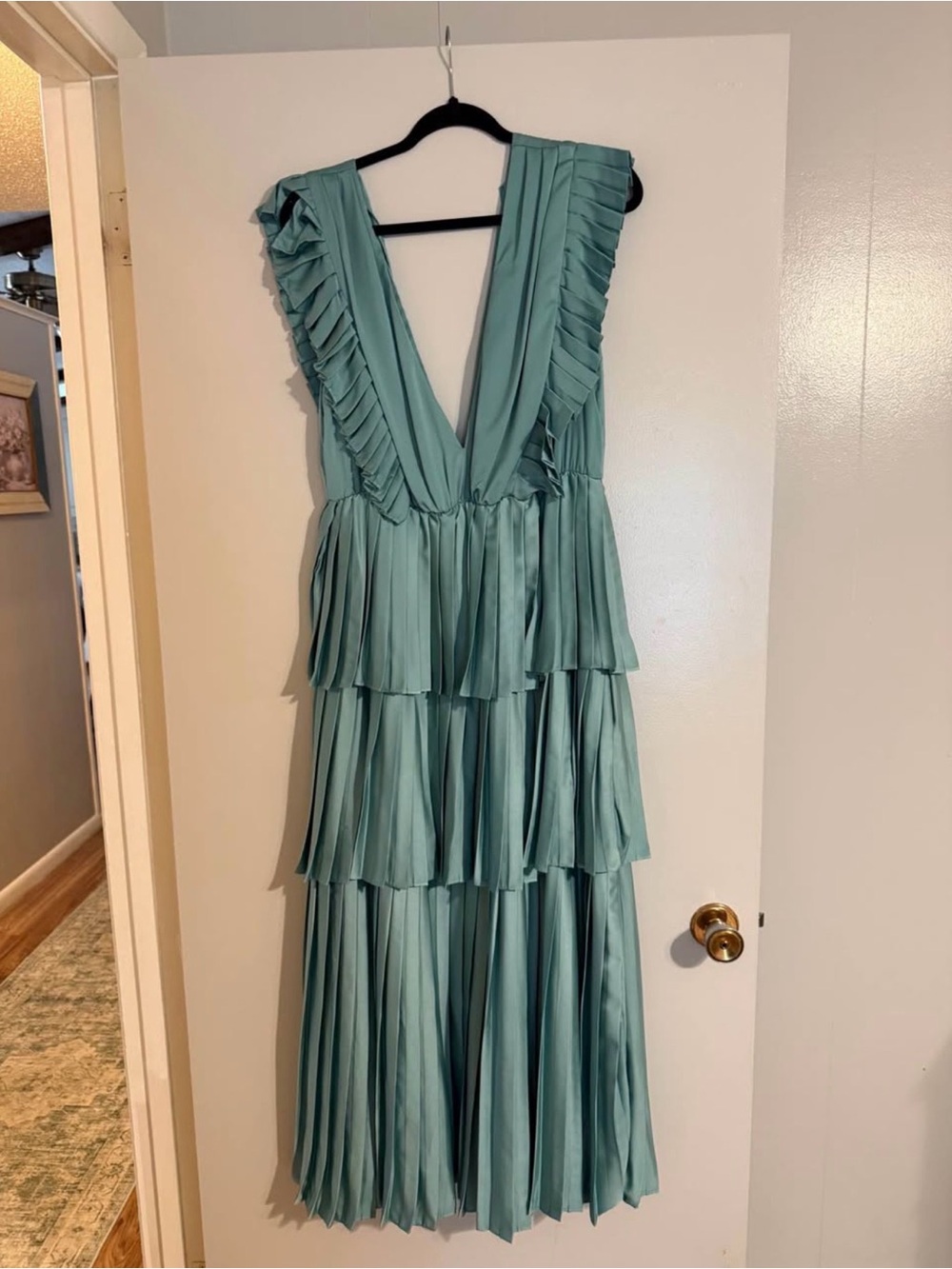 Impressions Seafoam Pleated Tiered V-Neck Maxi Dress